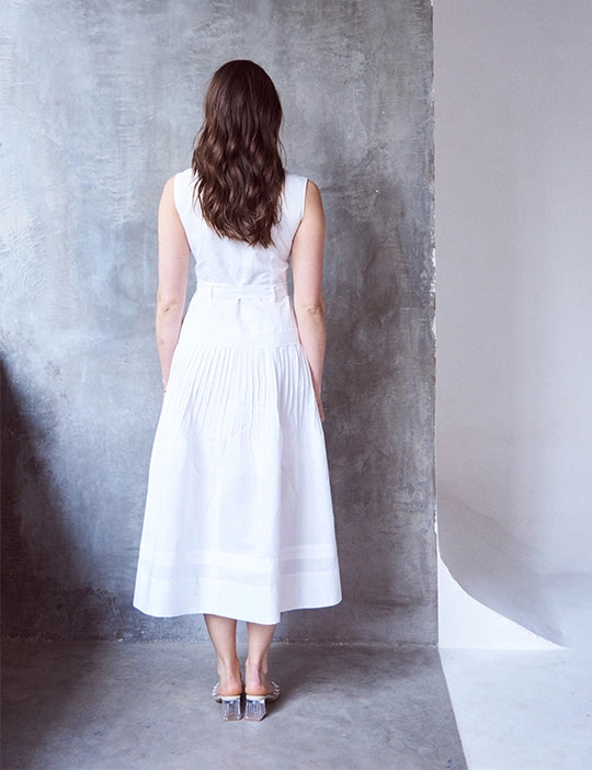 Logus White Linen Double Breasted Pleated Wrap Dress