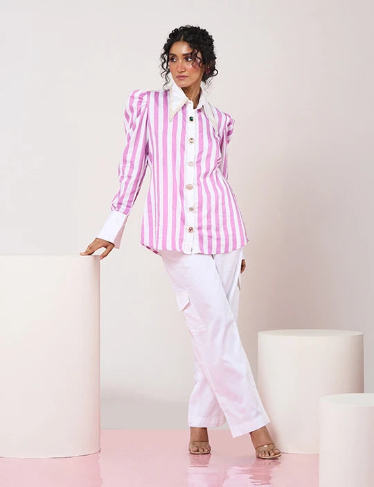 Striped Mauve & White Shirt with White Pant