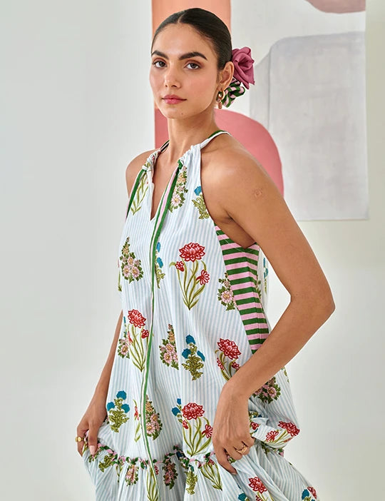 Aqua floral printed tie up maxi