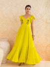 Limmon : Cotton Voile Maxi Dress for Women in Yellow | Voluminous Embroidered Summer Dress