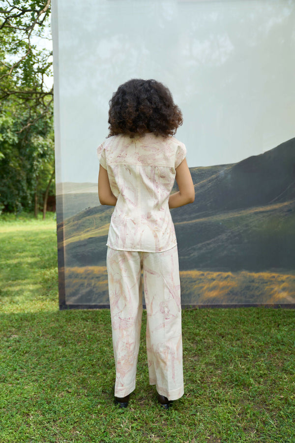 Pink Foliage Top & Flared Trousers Set
