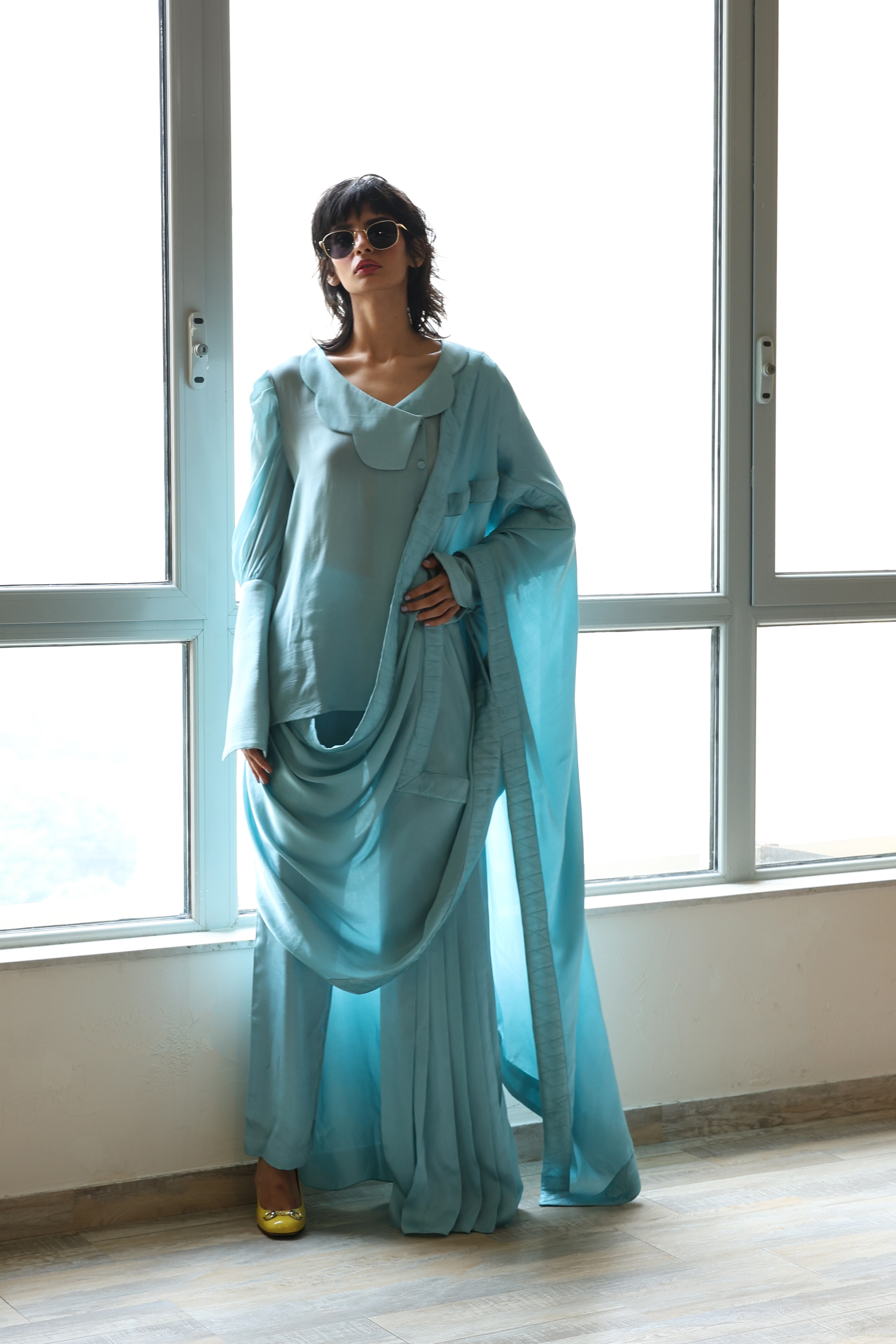 Modern hybrid saree with pant drape