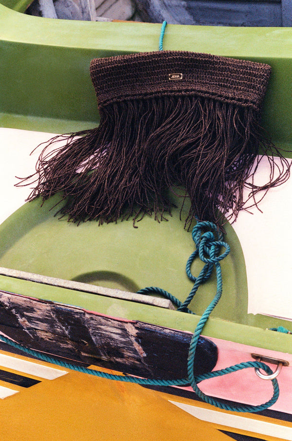 Raffia Foldover Clutch with Tassel - Coffee Brown