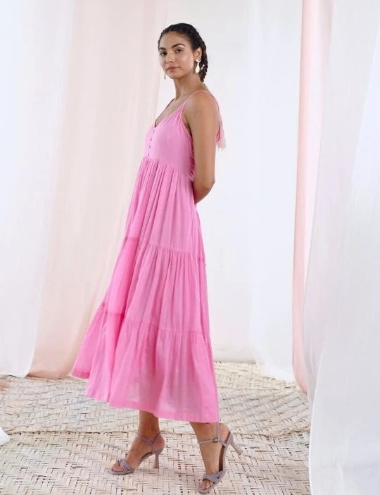 Pink Cotton Voile Flared Maxi Dress