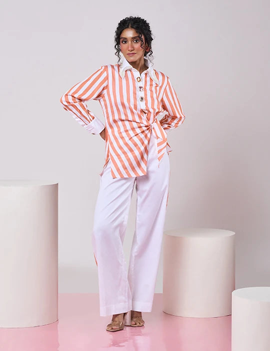 Striped Coral & White top with White Pant