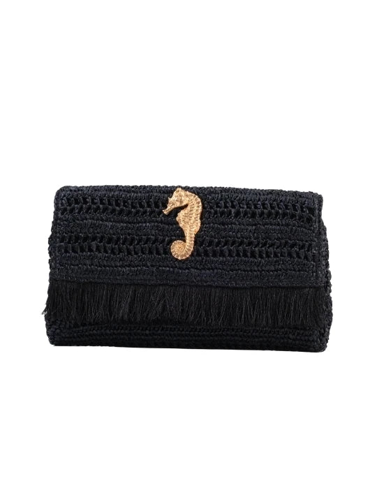 Black Slim Real Raffia Clutch