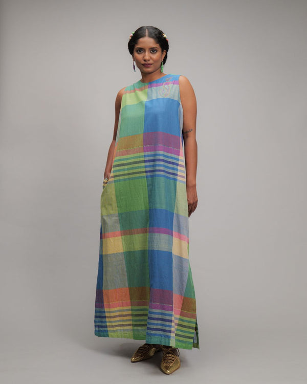 Theresa Multicolor Handwoven Checks Straight Fit Two Way Dress