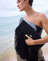 Raffia Foldover Clutch with Tassel - Black