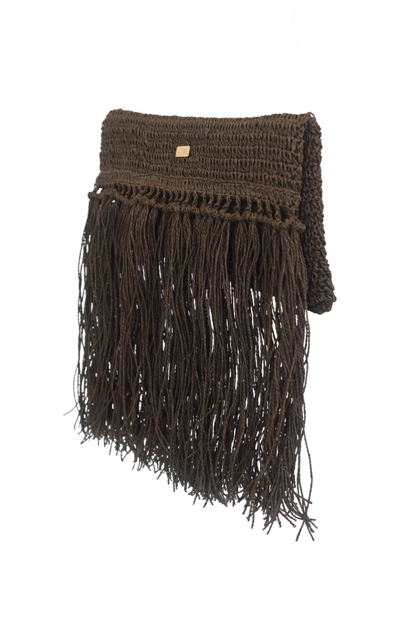 Raffia Foldover Clutch with Tassel - Coffee Brown