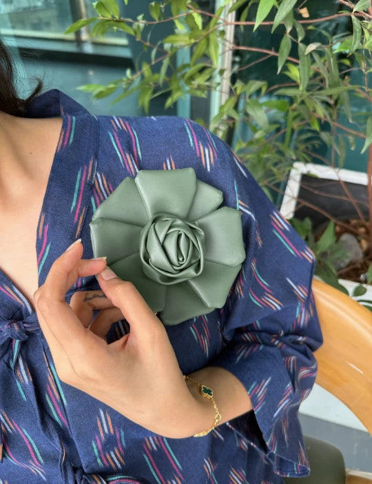 Vegan Leather Rose Brooch Green