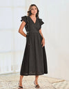 Black Cotton V neck Long Dress with Belt