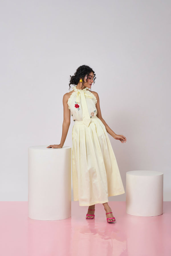 Pastel Yellow Pleated Skirt with Frilled Top