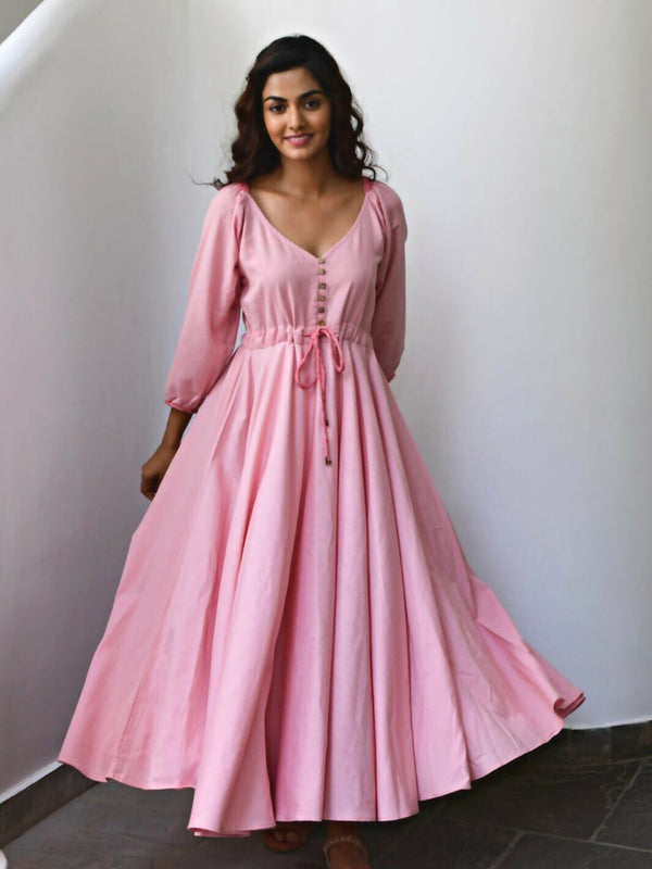 Pink Flared Long Cotton Maxi Dress