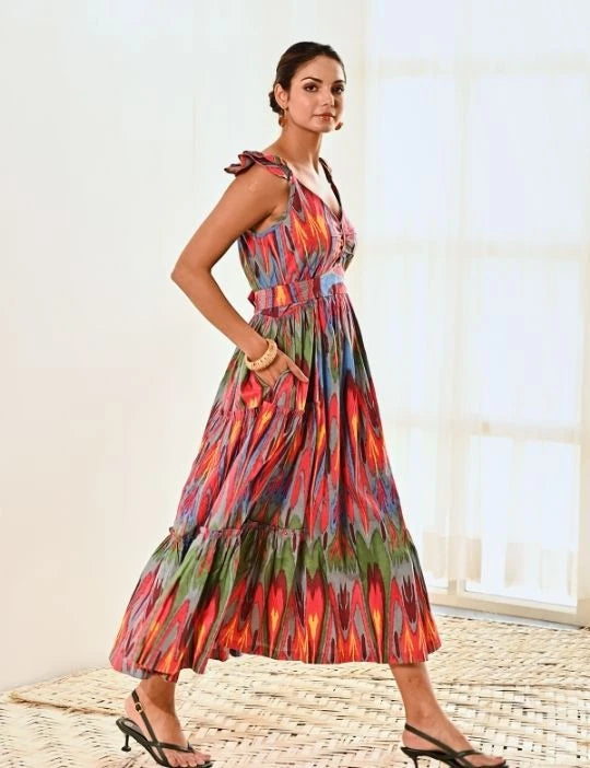 Red Ikat Print Cotton Maxi Long Dress