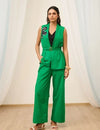 Green Cotton Sleeveless Embroidered Jacket Set