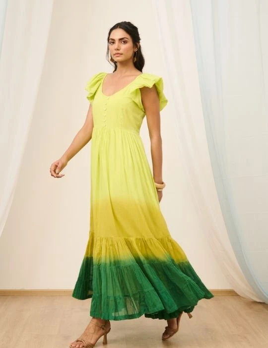 Lime Green Ombre Flared Maxi Dress