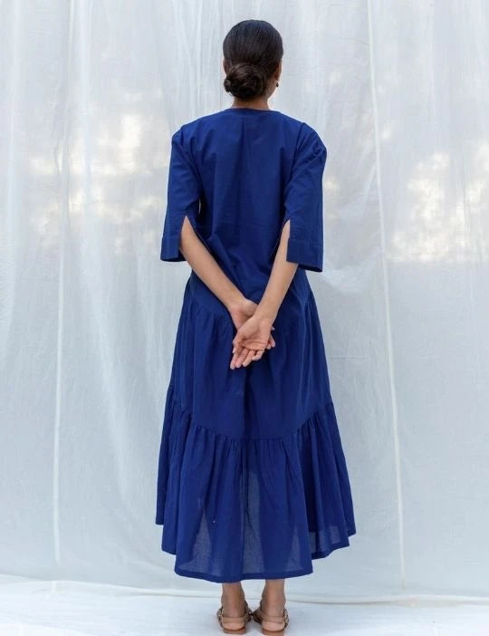 Deep Blue Flared Long Cotton Maxi Dress