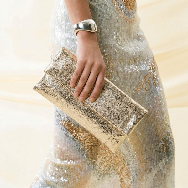 Foldover Champagne Metallic Clutch - Gold