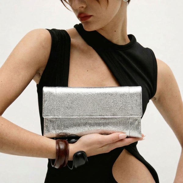 Foldover Metallic Clutch - Silver