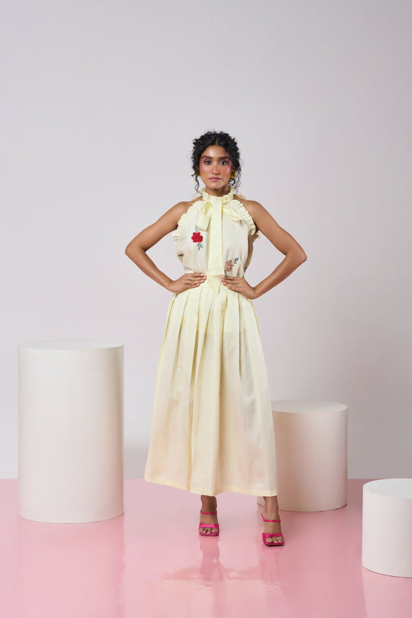 Pastel Yellow Pleated Skirt with Frilled Top