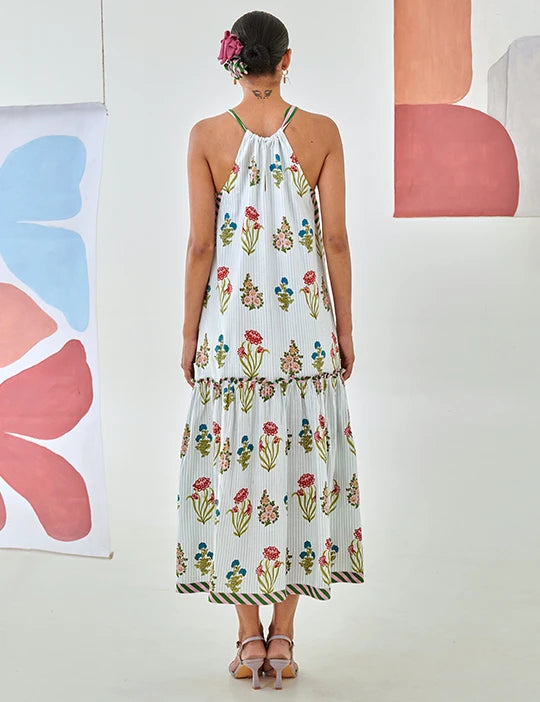 Aqua floral printed tie up maxi