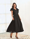 Black Cotton V neck Long Dress with Belt