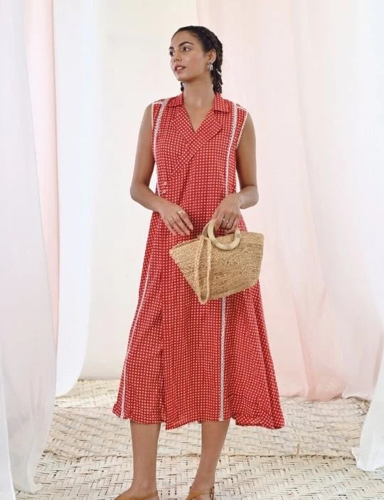 Red Printed Cotton Sleeveless Wrap Dress