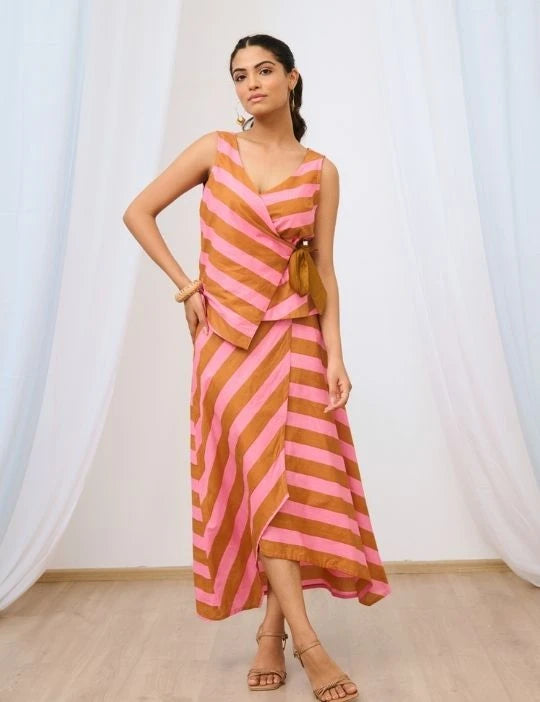 Pale Pink Striped Printed Asymmetric Skirt Set