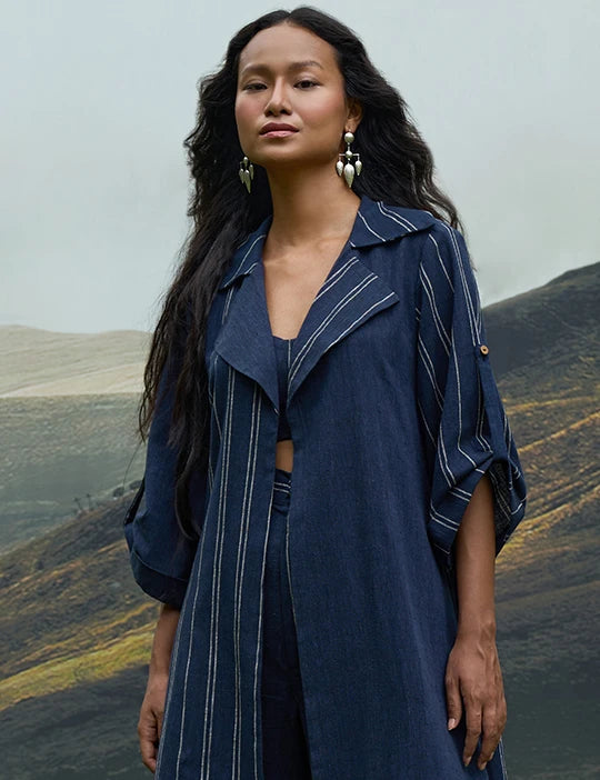 Cobalty Trench Overlay & Trousers Set With Bralette