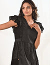 Black Cotton V neck Long Dress with Belt