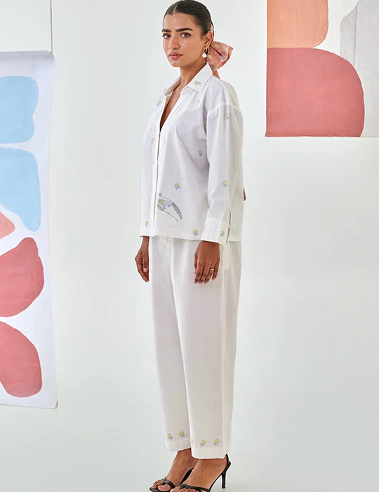 White Co-ord Set With Floral Embroidery