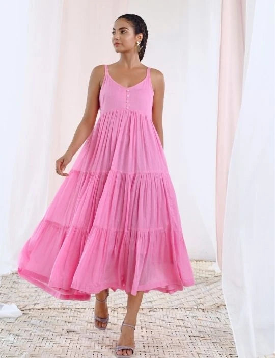Pink Cotton Voile Flared Maxi Dress