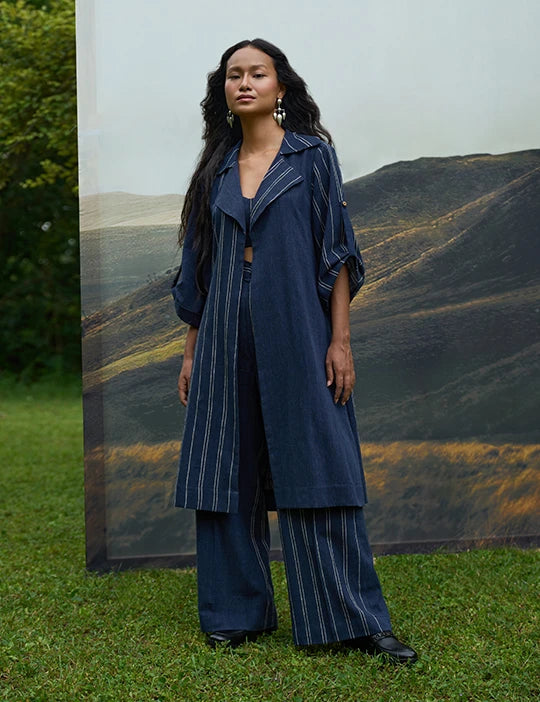 Cobalty Trench Overlay & Trousers Set With Bralette