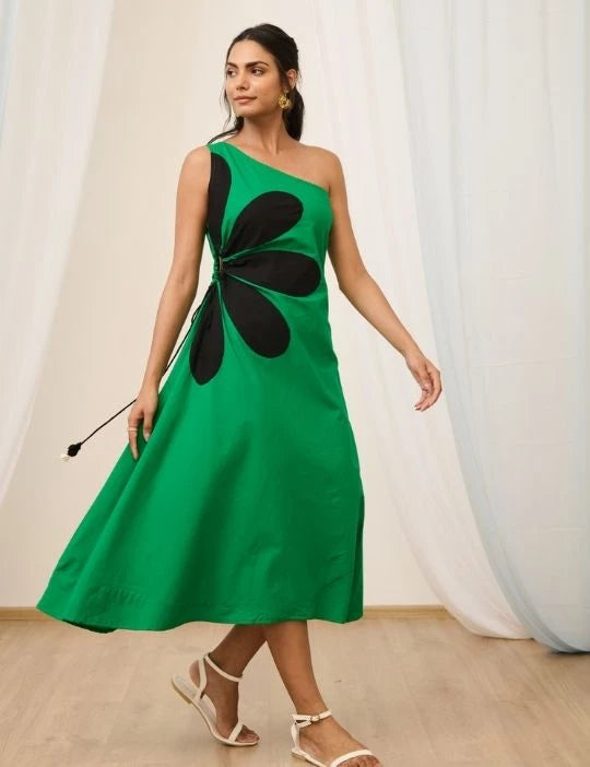 Green One Shoulder Embroidered Dress