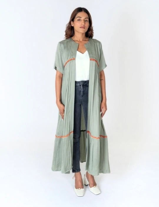 Green-Orange Braided Gather Long Cape