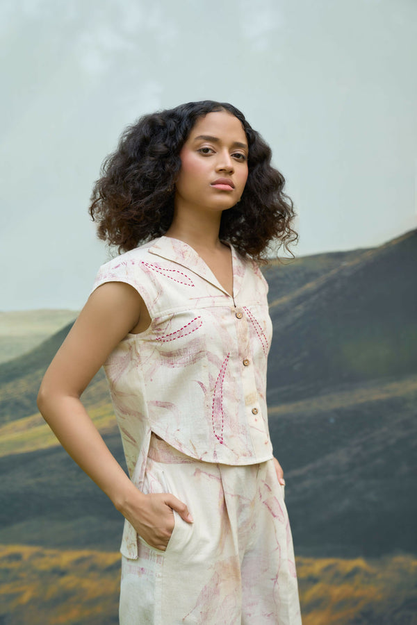 Pink Foliage Top & Flared Trousers Set