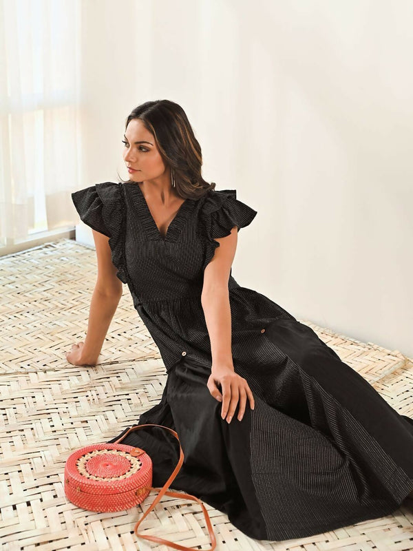 Black Cotton V neck Long Dress with Belt