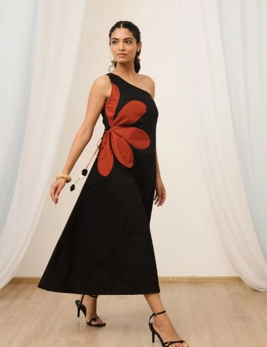 Black One Shoulder Embroidered Dress