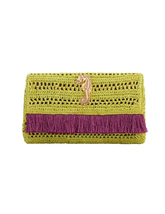 Poppy Green Slim Real Raffia Clutch