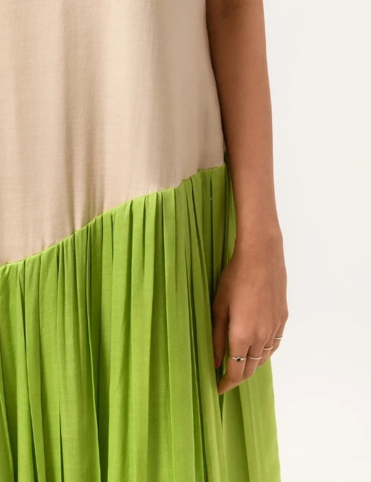 Ecru-Green Gather Dress