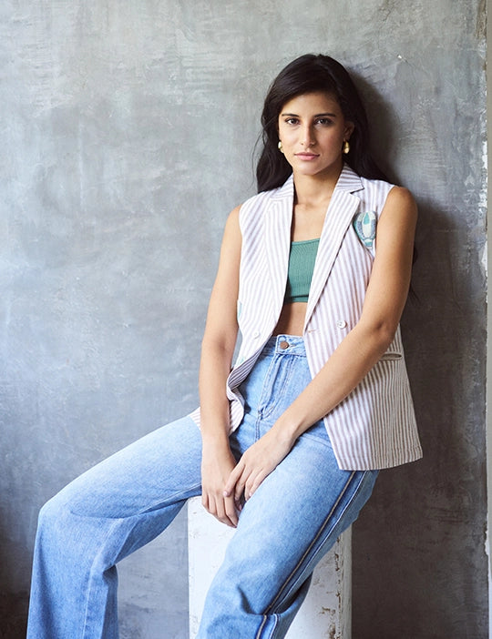 Logus Striped Hand Embroidered Waist Coat
