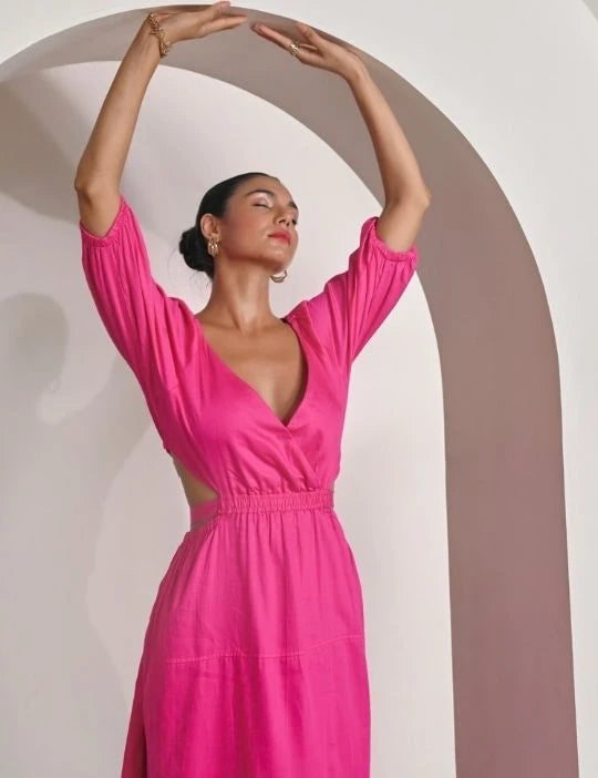 Pink Cotton Satin Deep-V Bareback Party Dress