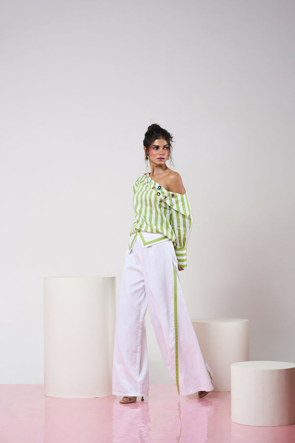 Striped Green & White Off-shoulder Top with White Pant