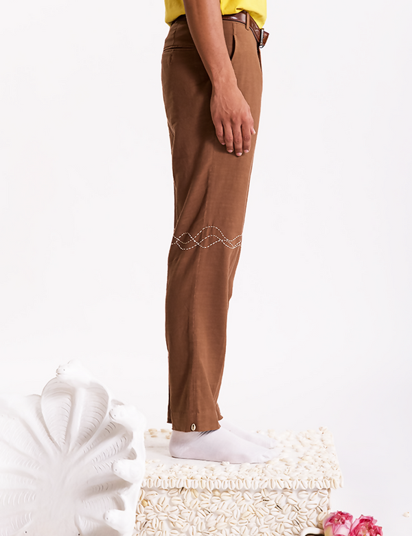 Wave Embroidered Trouser - Brown