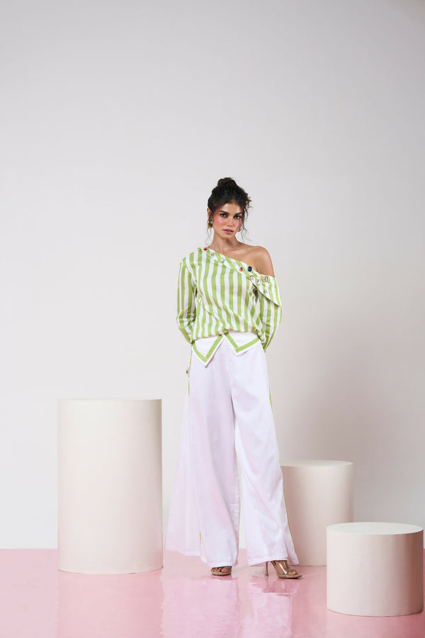 Striped Green & White Off-shoulder Top with White Pant