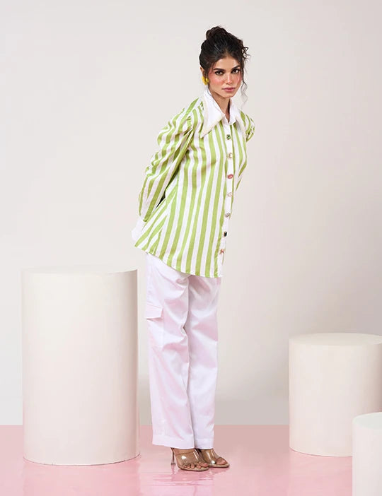Green & White Striped Shirt with White Pant