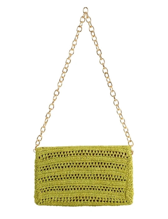 Poppy Green Slim Real Raffia Clutch