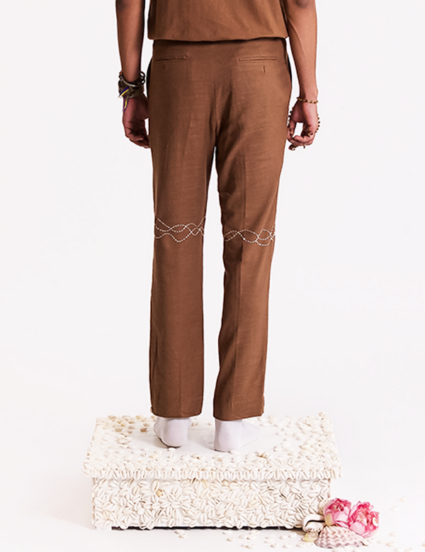 Wave Embroidered Trouser - Brown