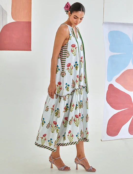 Aqua floral printed tie up maxi