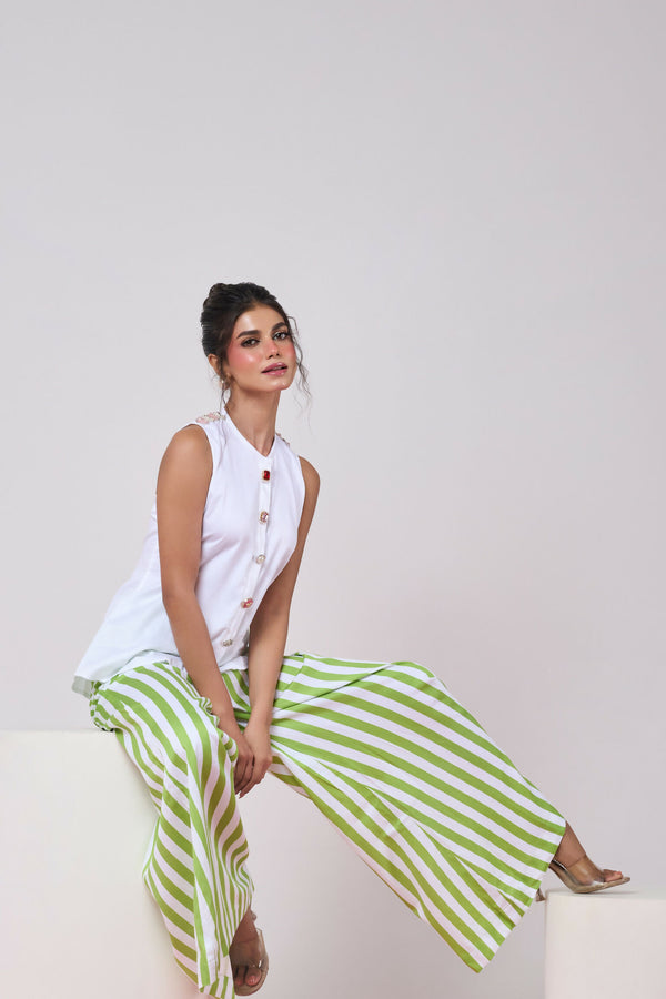 White Top with Green & White Striped Pant